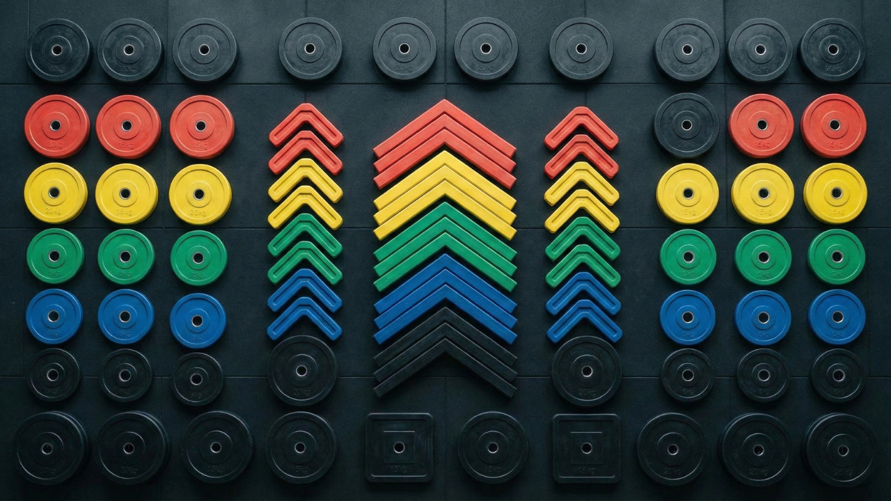 Vista cenital de discos de pesas de colores dispuestos en patrón geométrico simétrico